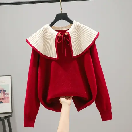 2023春秋新款韩版宽松大翻领针织衫套头长袖纯色娃娃领毛衣女打底图片