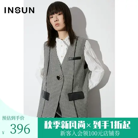 恩裳COVER2023早春新款摩登千鸟格色织面料黑白撞色直身拼接马甲图片