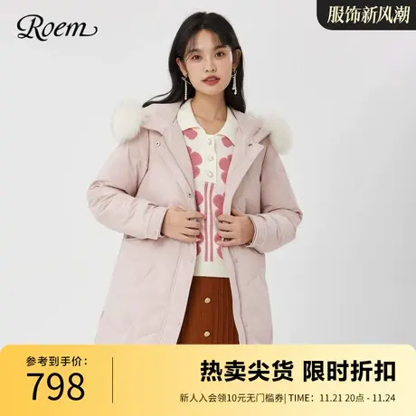 Roem秋冬新款商场同款甜美通勤时尚毛领连帽白鸭绒中长款羽绒服女商品大图
