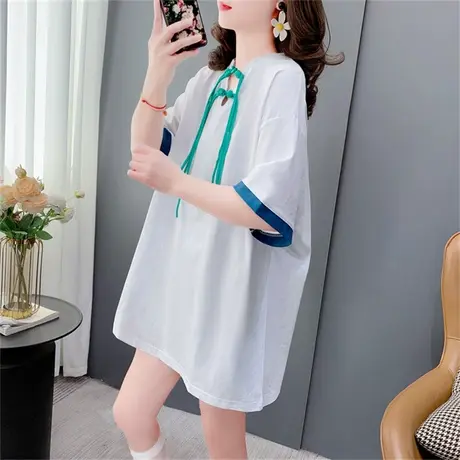 中国结扣短袖T恤女夏季2023年新款宽松中长款百搭休闲设计感上衣图片