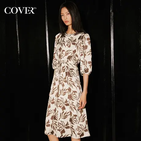 COVER秋季收腰倒褶印花泡泡袖连衣裙图片
