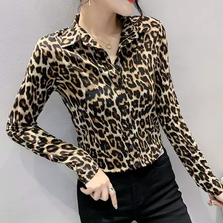 欧货豹纹长袖衬衫女春秋2024新款时尚修身显瘦上衣个性内搭打底衫商品大图