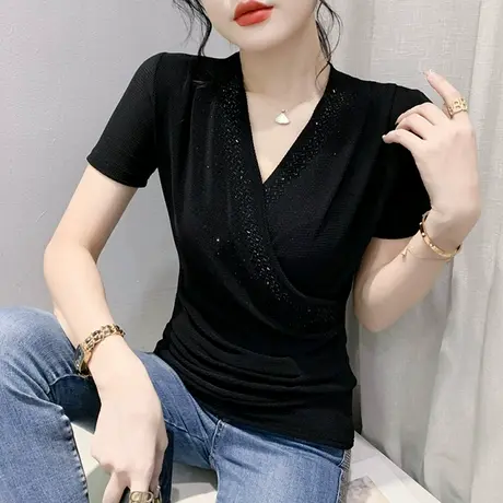 性感黑色网纱短袖t恤女时尚洋气交叉V领小衫欧货别致修身上衣夏季商品大图