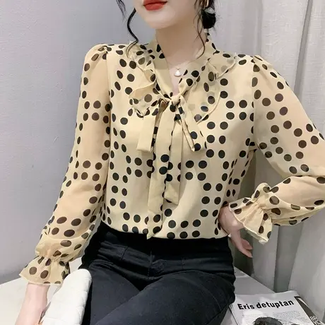 2024春秋新款时尚波点雪纺衬衫女长袖休闲V领小衫气质系带上衣ins商品大图
