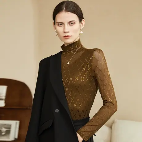 半高领打底衫女金色蕾丝内搭洋气纱衣t恤高级感长袖网纱打底上衣图片