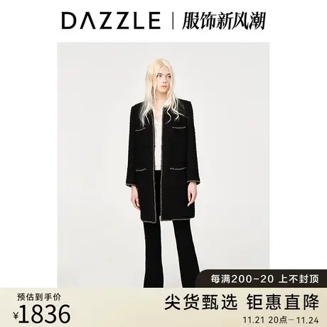 DAZZLE地素奥莱23春新款黑金链条装饰高级感中长款直筒毛呢大衣图片