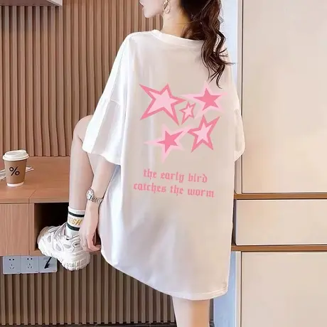 纯棉短袖t恤女2024新款夏季设计感小众宽松大版中长款遮屁股上衣商品大图