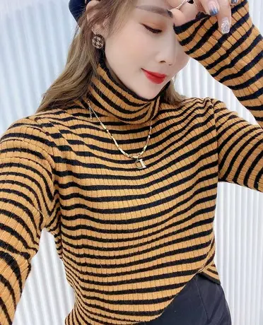 条纹高领打底衫女秋冬2023年新款修身显瘦堆堆领软糯毛衣内搭上衣商品大图