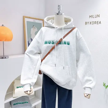 韩国东大门简约字母连帽加绒上衣冬季新款宽松运动休闲加厚卫衣商品大图