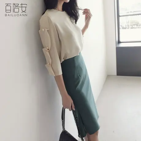 百洛安中袖圆领雪纺衫上衣女夏季新款纯色衬衫女韩范宽松百搭衬衣图片