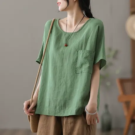 dza复古白色棉麻短袖t恤女士夏季薄款亚麻上衣女宽松显瘦打底体恤商品大图