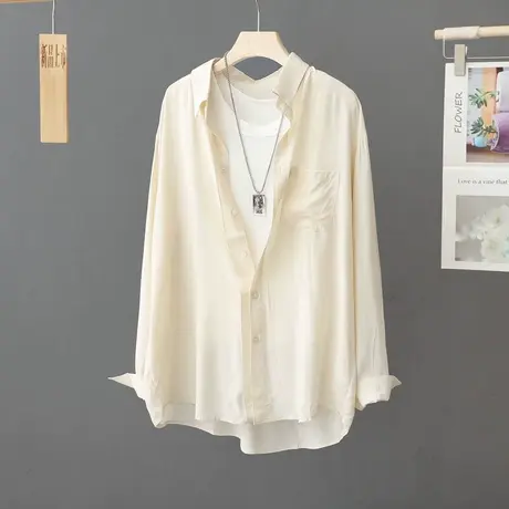 2023夏季新款洋气纯色防晒衫薄衬衫女式宽松上衣休闲衬衣防晒外套商品大图