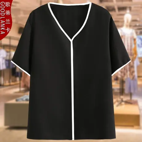 胖妈妈夏季薄款短袖T恤200斤中老年宽松洋气时尚V领黑色雪纺衫女商品大图