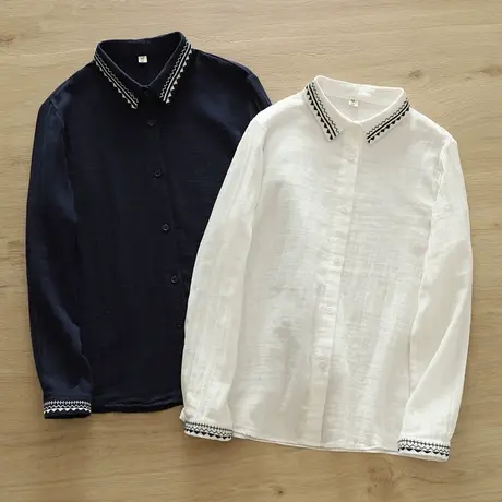 春秋韩版复古文艺刺绣双层棉纱长袖白衬衫女学生宽松百搭打底上衣商品大图