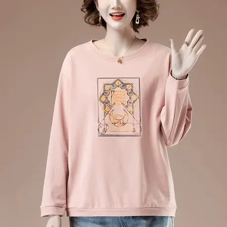 加肥加大码女装长袖t恤春秋新款中年妈妈纯棉百搭印花圆领打底衫商品大图