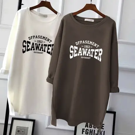 洋气宽松打底衫女内搭2021春秋纯棉磨毛长袖t恤女中长款显瘦上衣商品大图