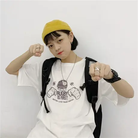 ins潮卡通复古宽松纯棉短袖T恤女2023夏季新款原宿风ulzzang上衣图片