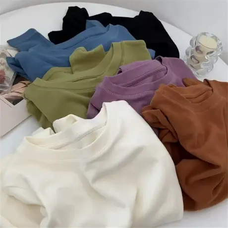 牛油果绿德绒长袖打底衫女2023秋冬紫色显瘦修身磨毛套头T恤上衣商品大图