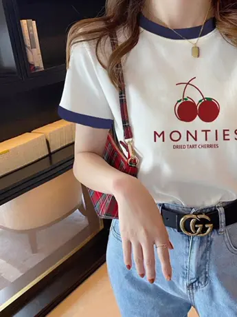 情侣装正肩仿棉短袖t恤女2023年新款夏季小众设计感拼接撞色上衣商品大图