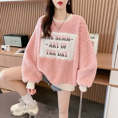 羊羔毛卫衣女秋冬季韩版宽松加绒加厚保暖小个子毛茸茸上衣外套潮商品大图