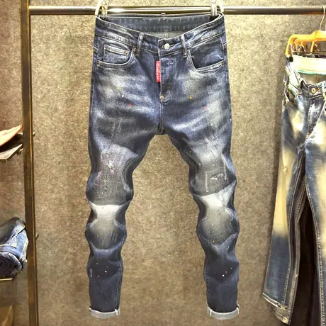 蓝色泼墨潮流牛仔裤男士修身弹力小脚裤时尚潮牌针缝贴布痞帅裤子商品大图