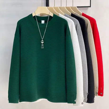 慵懒风加厚宽松圆领毛衣男秋冬季基础款打底纯色美式条纹针织衫男商品大图