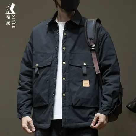 希越加厚棉衣男士外套秋冬季宽松大码保暖防风夹克男友风工装衬衣图片