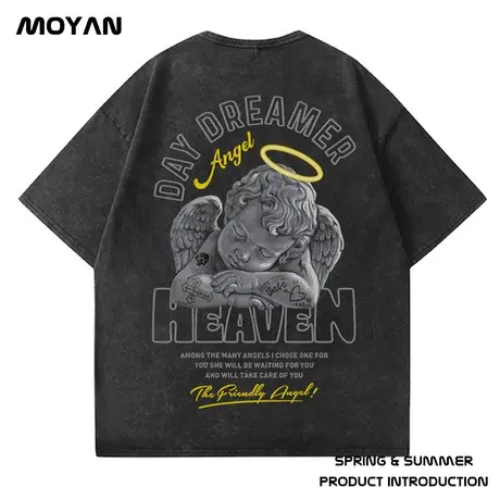 美式重磅黑色圆领t恤复古水洗做旧短袖男生潮牌加肥加大码半袖潮商品大图