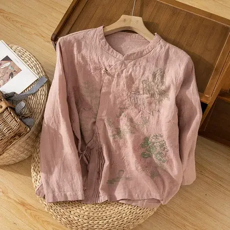 享永子刺绣砂洗亚麻上衣女文艺复古斜襟气质棉麻国风茶服2024新款图片