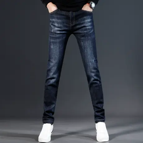 高端深蓝色牛仔裤男款修身小脚裤2023新款潮牌弹力男装裤子秋冬款商品大图