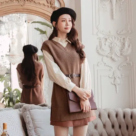 桔熊秋冬季假两件套上衣女装收腰针织毛衣背心拼接衬衫大码FA2448商品大图