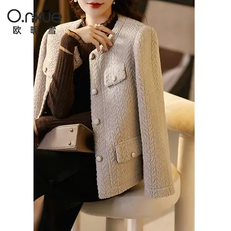 欧昵雪2023冬季新款时尚纯色圆领毛绒保暖厚短外套女长袖直筒上衣商品大图