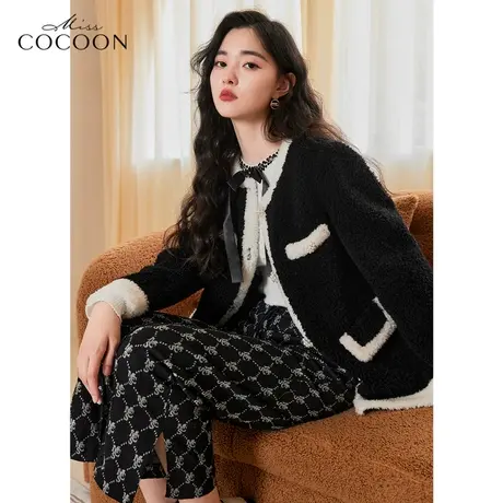 missCOCOON法式黑色小香风外套女2022新款冬季宽松撞色羊羔毛皮草图片