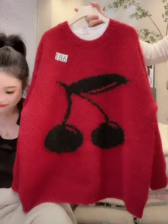 慵懒风套头红色樱桃毛衣女秋冬新款韩系时尚软糯针织衫百搭上衣洋图片