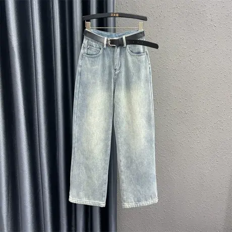 欧货冬季新款浅蓝色磨白设计感牛仔长裤女高腰显瘦加绒阔腿直筒裤商品大图