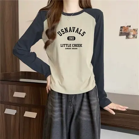 2023圆领长袖t恤女秋冬季新款印花设计感小众抽绳撞色上衣韩版潮图片
