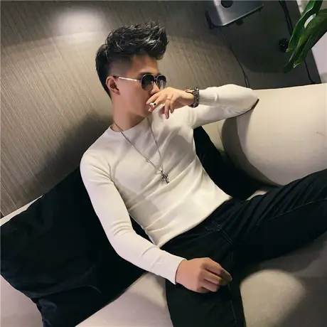 秋冬男士毛衣针织衫修身线衣长袖潮流网红潮牌ins个性纯色打底衫商品大图