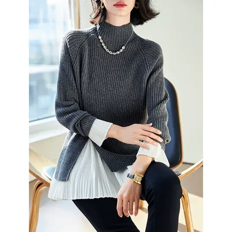 宝诗黎半高领百褶拼接假两件套头毛衣女时尚羊毛针织衫2024春秋款图片