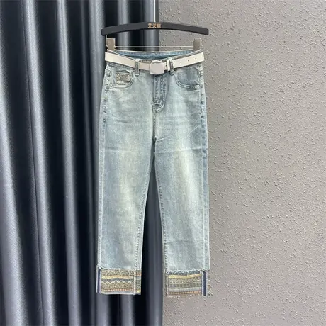 民族风直筒裤女2024春季新款浅蓝色设计感复古高腰百搭牛仔九分裤图片