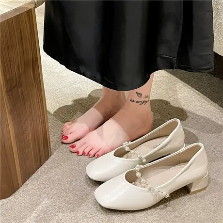 仙女风玛丽珍单鞋女鞋2024新款春夏季新款平底浅口方头珍珠软底鞋商品大图