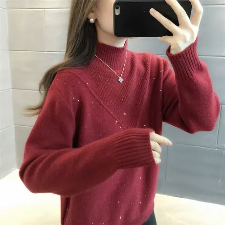 半高领毛衣女套头秋冬新款洋气保暖长袖内搭亮片红色针织打底衫女图片