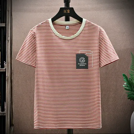 港士博夏季条纹短袖男t恤圆领韩版潮流纯棉修身刺绣半袖打底衫ins商品大图