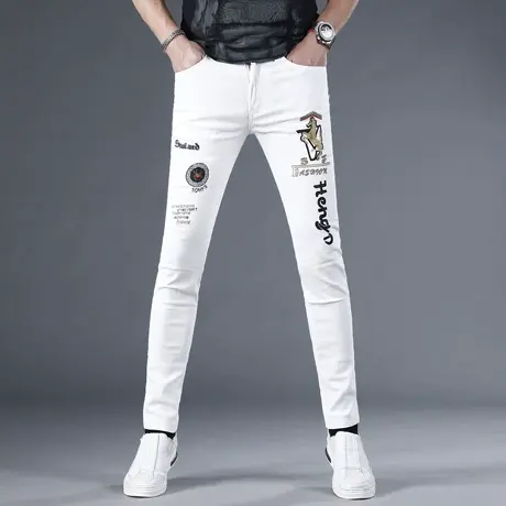 高端白色刺绣牛仔裤男款修身小脚夏季2024新款潮牌弹力男士裤子薄商品大图