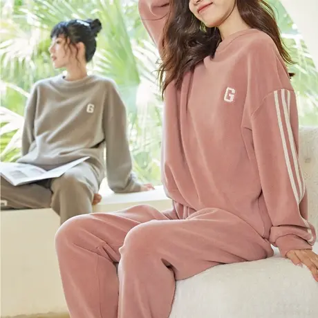 运动风摇粒绒法兰绒家居服女套装可外穿出门宽松秋冬加厚保暖睡衣商品大图