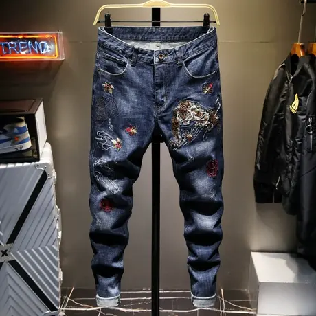 夏季牛仔裤男士直筒宽松蓝色韩版潮流百搭潮牌修身小脚休闲长裤子商品大图