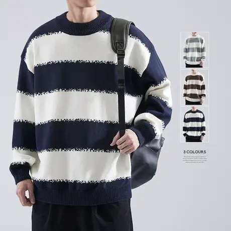 hansca撞色条纹圆领毛衣男冬季新款日系慵懒风渐变套头保暖针织衫图片