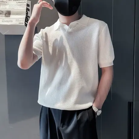 针织短袖POLO衫男夏季新款轻熟简约纯色肌理感翻领半袖t恤针织衫商品大图