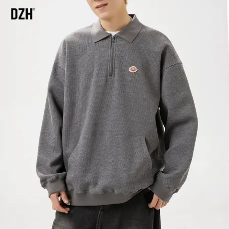 男士灰色翻领卫衣男2024新款华夫格长袖休闲外套春秋潮牌宽松上衣商品大图