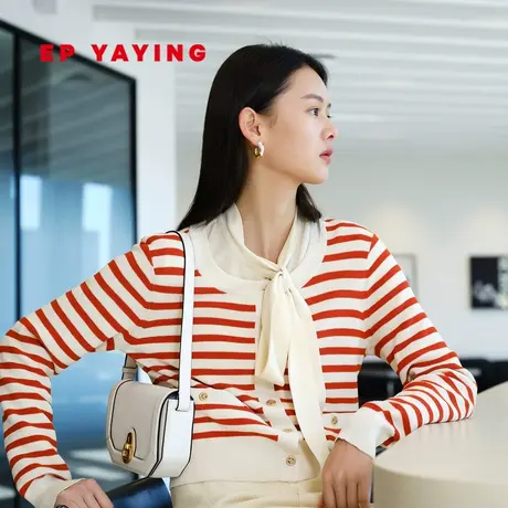 EP YAYING雅莹女装 羊毛混纺条纹圆领针织开衫 2024春装新品9123A商品大图
