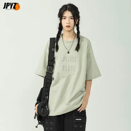 夏季潮流简约3D立体字母重磅短袖纯棉休闲宽松男女装情侣美式T恤商品大图